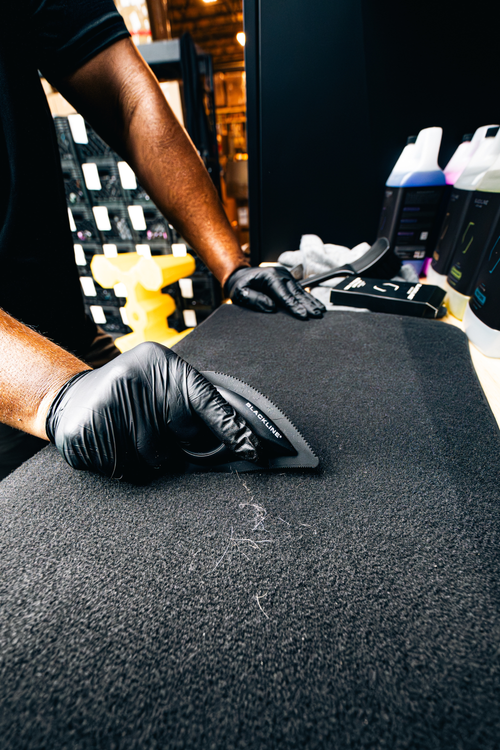 Gloved hand using the BLACKLINE pet hair brush to clean a carpeted vehicle surface