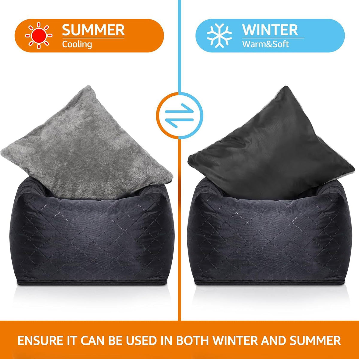 Close view of the gray plush and smooth black faces of the removable cushion